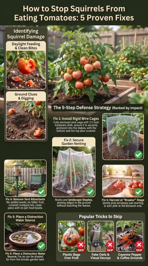 Infographic showing ways to protect tomatoes from squirrels, including wire cages, garden netting, early harvesting, and removing nearby food sources.