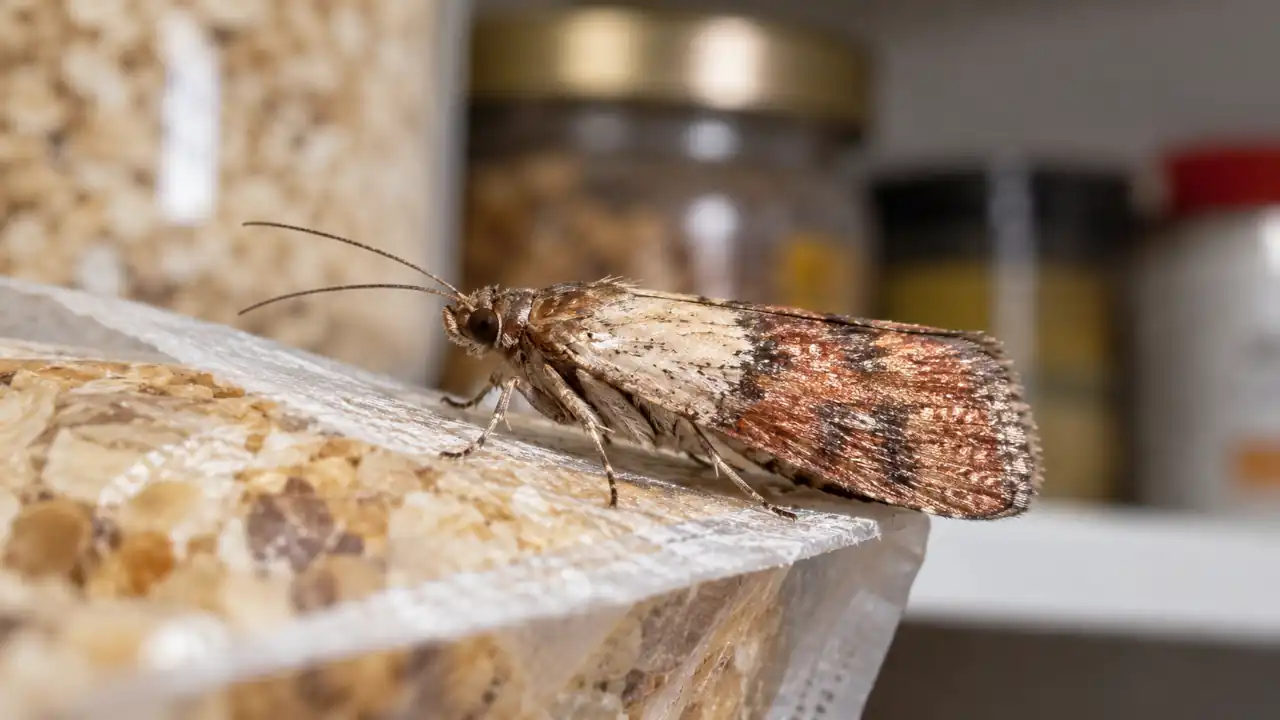 Close-up of an Indian meal moth with distinctive reddish-brown and cream-colored wings on a pantry surface.