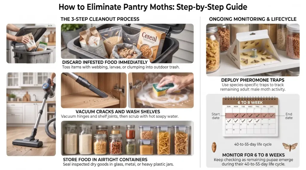 Pantry moth removal infographic showing how to discard infested food, vacuum and clean pantry shelves, store dry goods in airtight containers, use pheromone traps, and monitor activity for six to eight weeks.