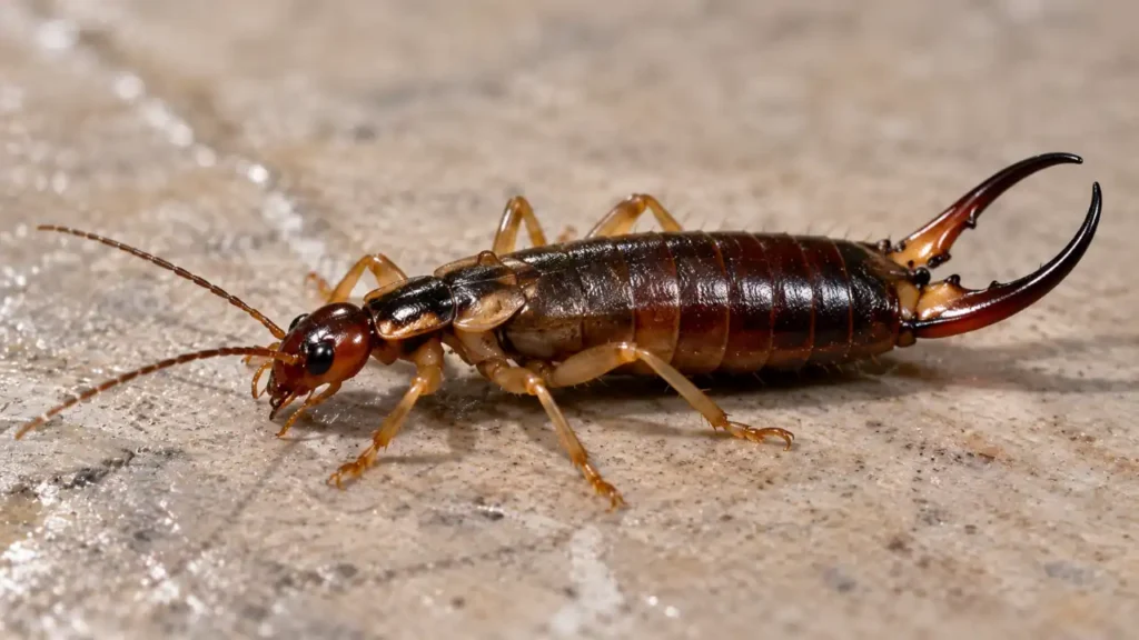 Close-up of a pincher bug earwig showing its tail pincers