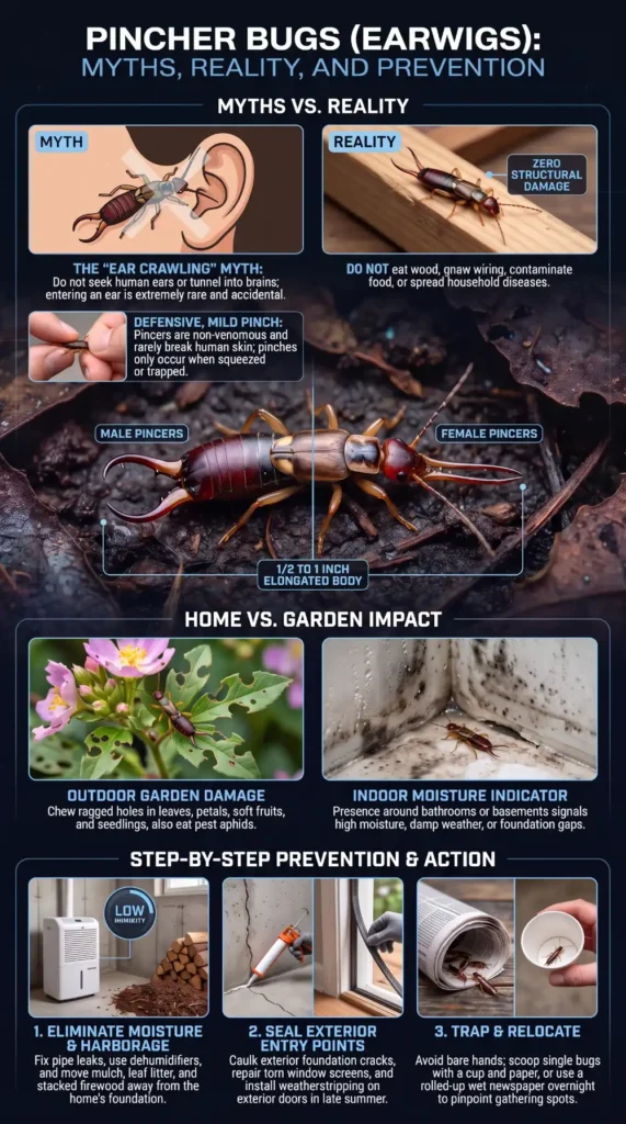 Pincher bug earwig myths, identification, risks, and prevention infographic