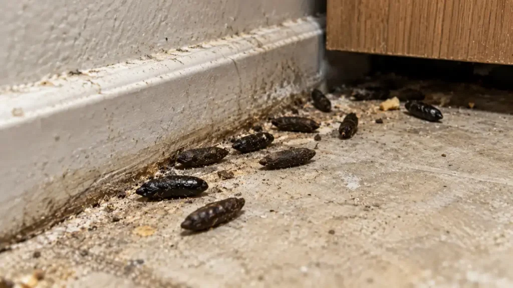 Close-up of rat droppings showing elongated capsule-shaped pellets with tapered ends