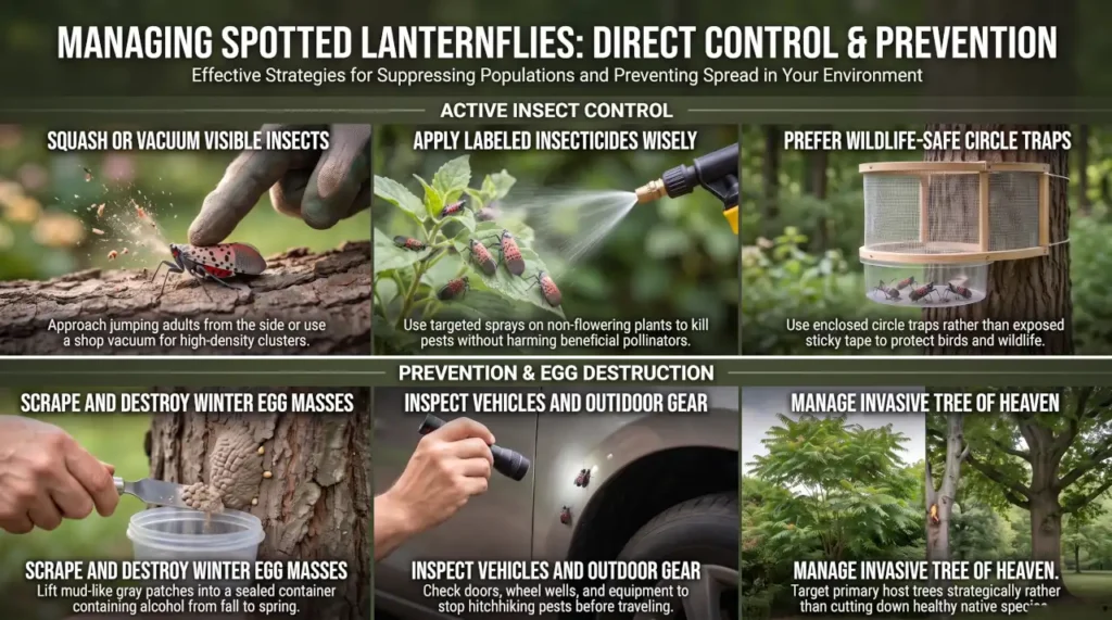 Infographic summarizing spotted lanternfly control, wildlife-conscious trapping, egg removal, vehicle inspection, and tree-of-heaven management
