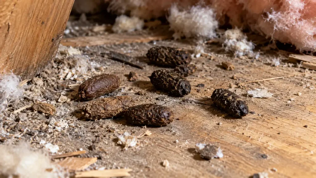 Close-up of squirrel droppings showing short, thick shapes with rounded ends