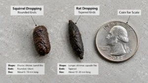 Squirrel and rat droppings side by side showing differences in shape, ends, and size