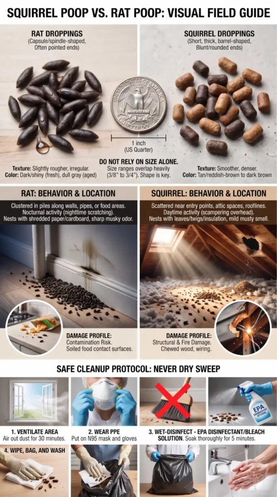 Visual comparison of squirrel and rat droppings showing shape, size, behavior, location, damage, and safe cleanup