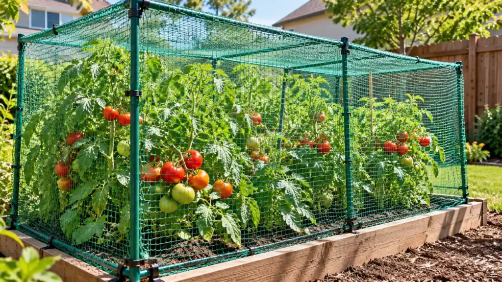 Tomato plants with ripe fruit protected by green garden netting secured around a frame.