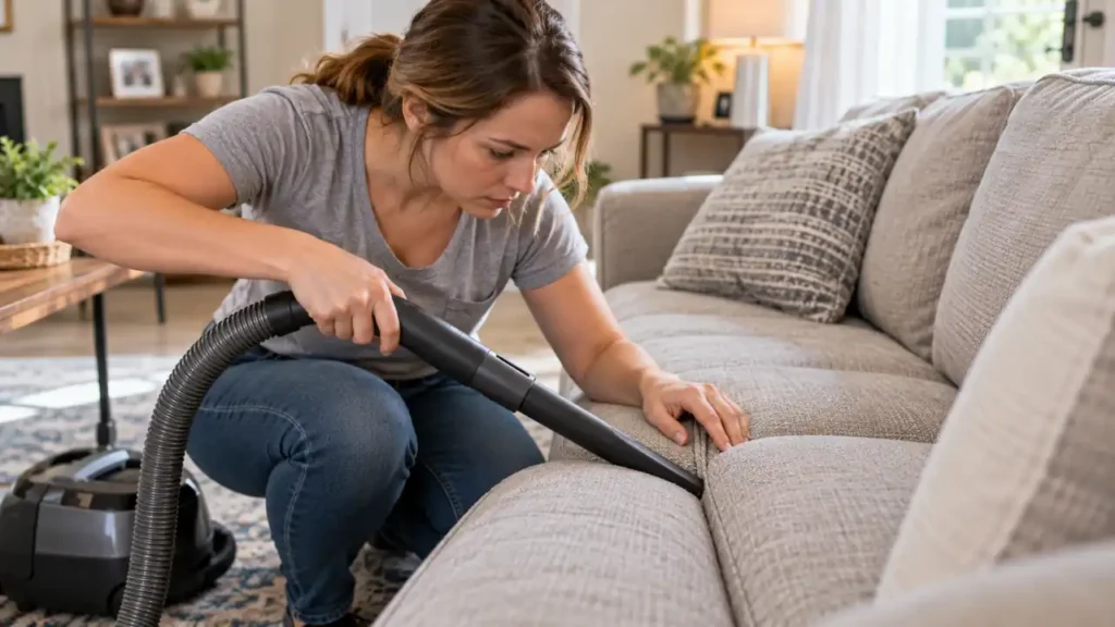 Homeowner vacuuming sofa seams and crevices as part of bed bug control.
